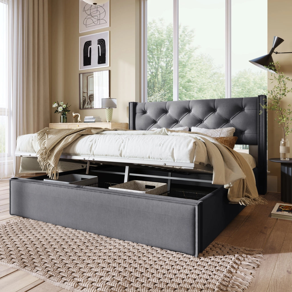Letto Matrimoniale con Contenitore 140x200 cm; Sollevamento Idraulico; Letto Imbottito Grigio in Cotone