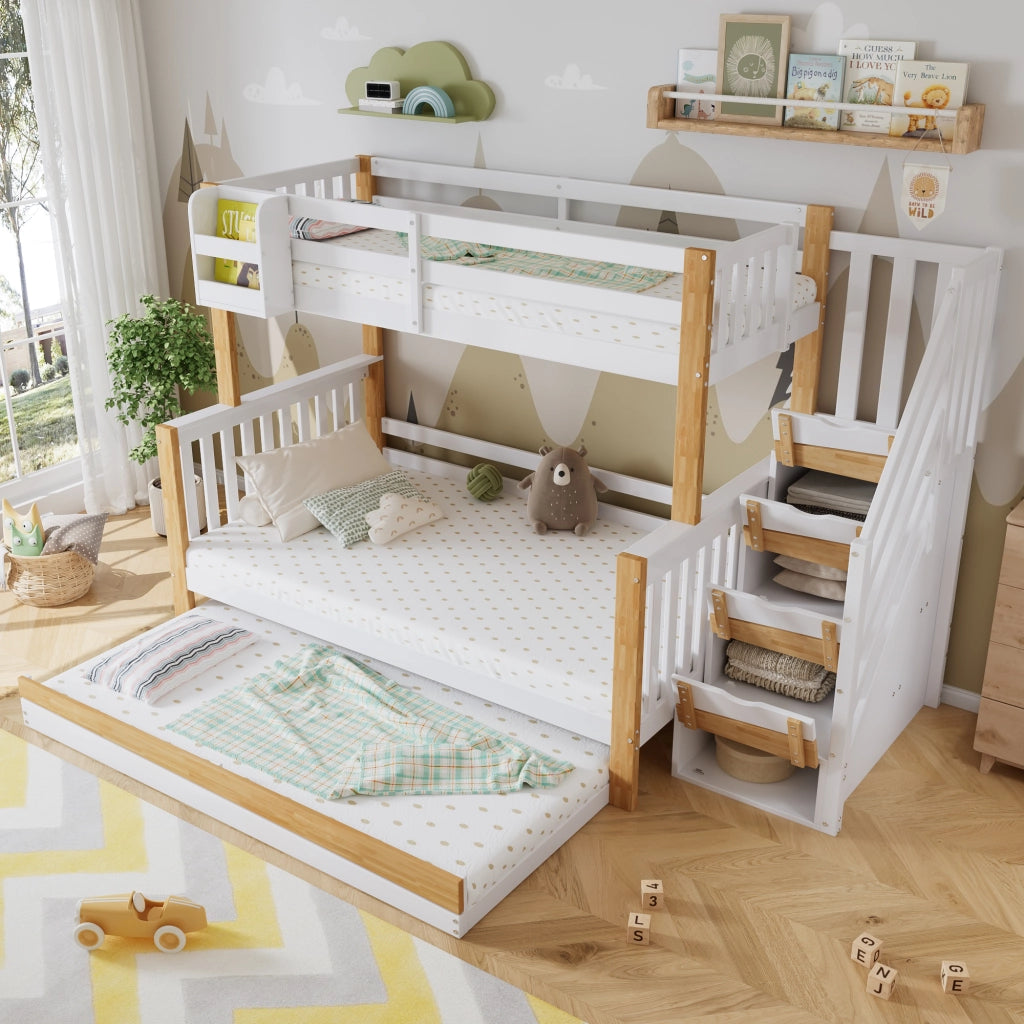 Letto a castello per bambini con letto estraibile; pino e MDF; scala contenitore; bianco e legno naturale