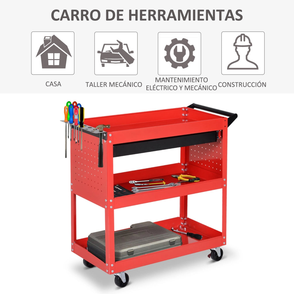 Carrello per Attrezzi con 3 Vassoie e Cassetto ¨C Zephmum ¨C Rosso