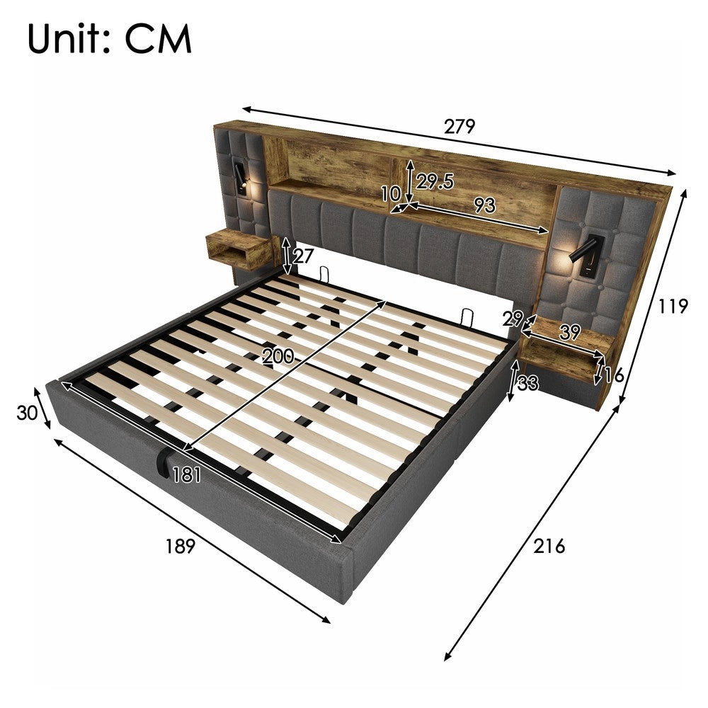 Letto imbottito contenitore ¨C Minimal ¨C grigio tessuto 180x200cm con LED rete a doghe senza materasso