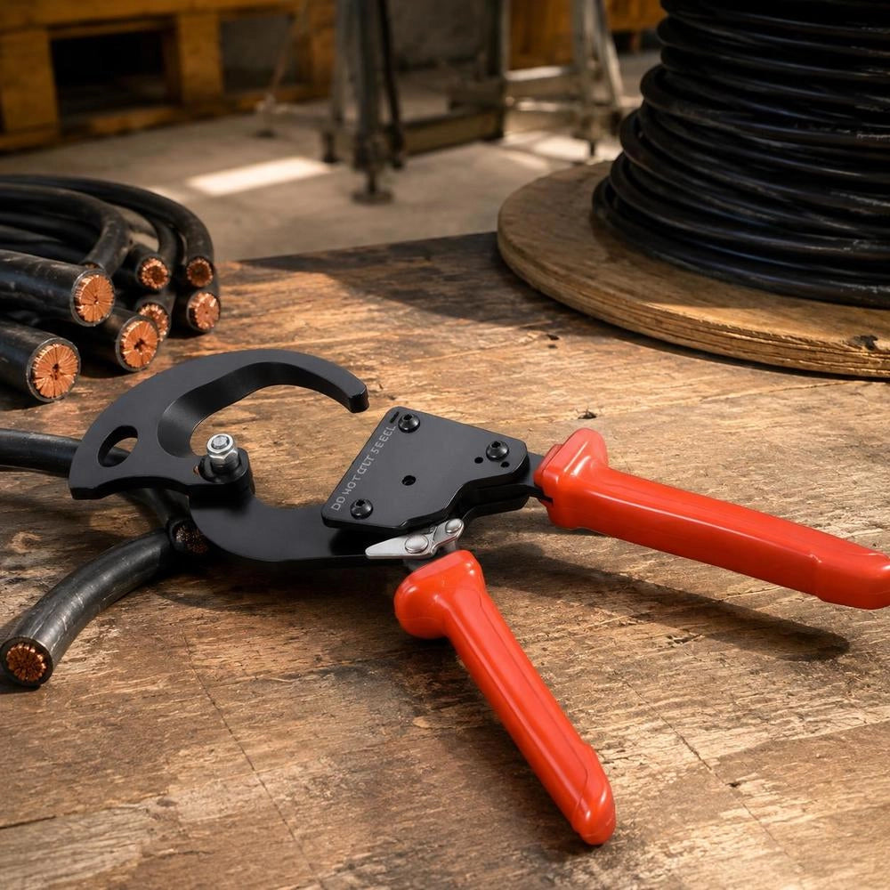 Ratcheting Cable Cutter, Alloy Spring Steel Blades, PVC Coated Handles, Quick Release, For Copper Aluminum Cables Up To 600 MCM