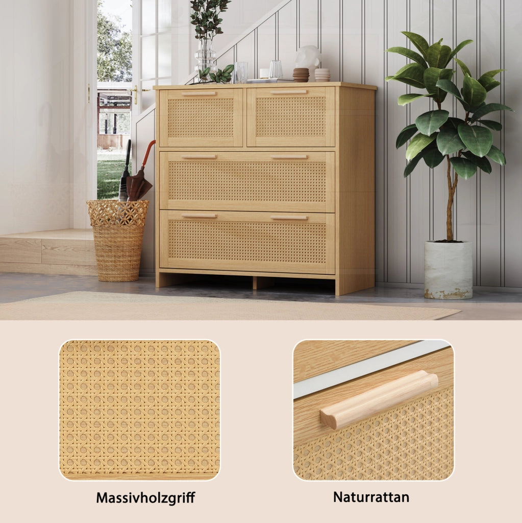 Cassettiera in MDF effetto rattan naturale con 4 cassetti 80x80x38 cm