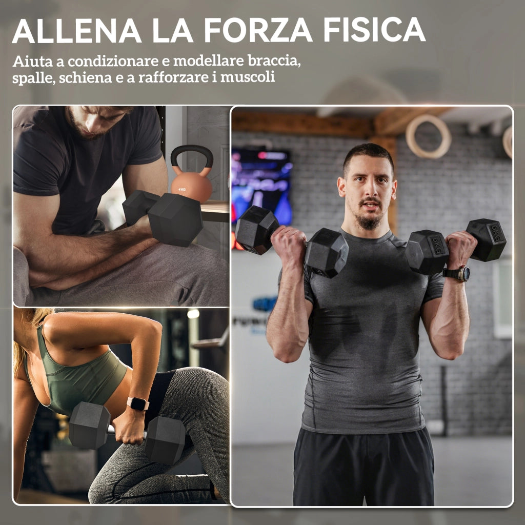 Set di 2 Manubri da 6 kg Esagonali con Presa Antiscivolo e Rivestimento in Gomma. Nero