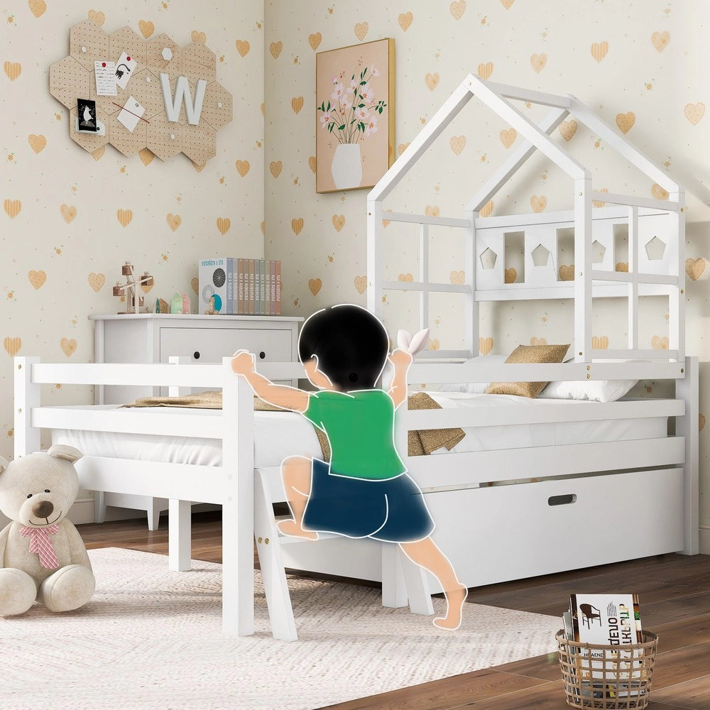 Letto a Soppalco Bambini in Legno Massello con Scala e Cassetti ¨C Xylo ¨C Bianco 90x200