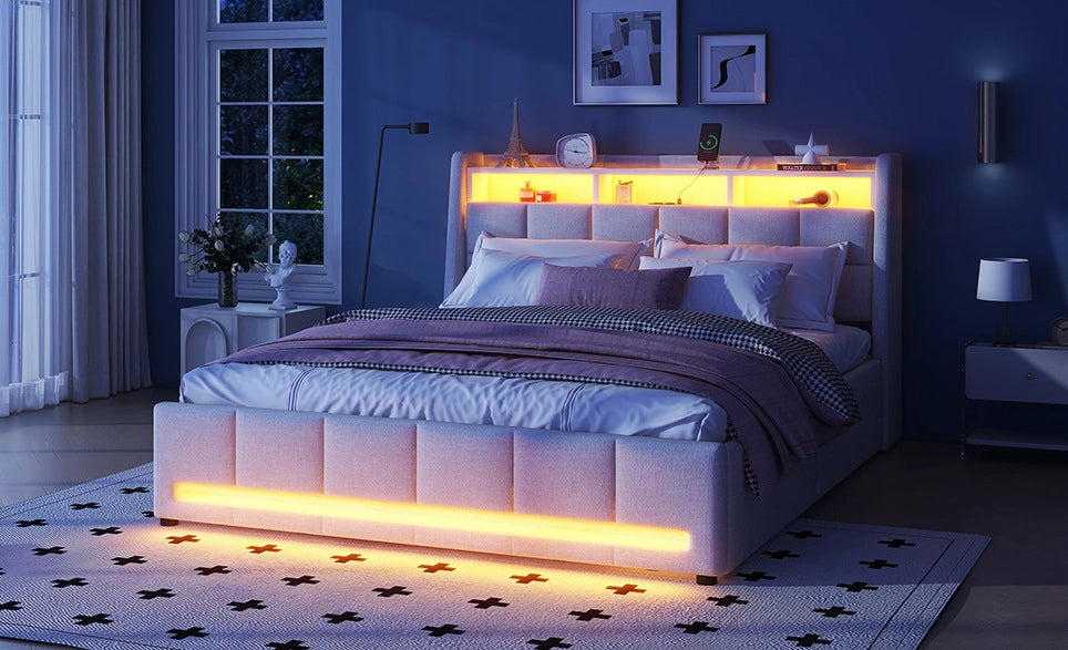 Letto imbottito 140x200 cm con cassetti, luce LED a controllo APP, tessuto lino beige, senza materasso