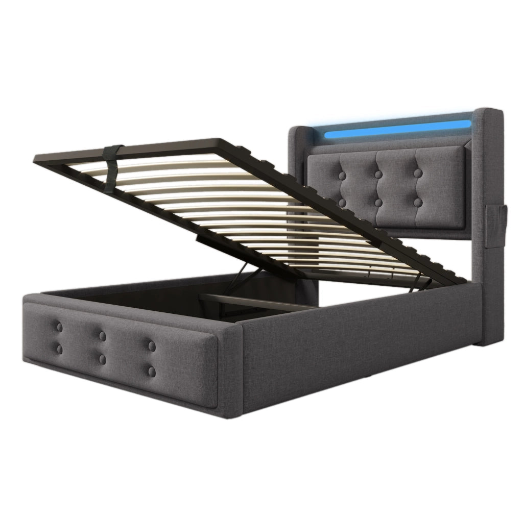 Letto singolo imbottito 90x200 cm con testiera in pelle, funzione di ricarica USB-C, struttura in legno e metallo, portata 150 kg, grigio