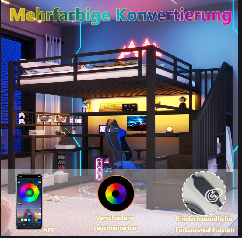 Letto a soppalco 90 × 200 cm con scrivania armadio LED RGB scala contenitore in metallo e MDF nero