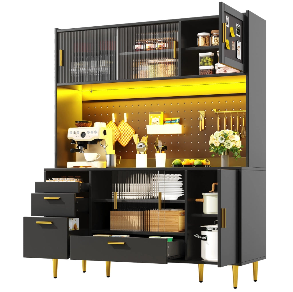 Credenza buffet da cucina 140x40x180 cm con LED, ante scorrevoli in vetro e pannello forato nera HAVRYA
