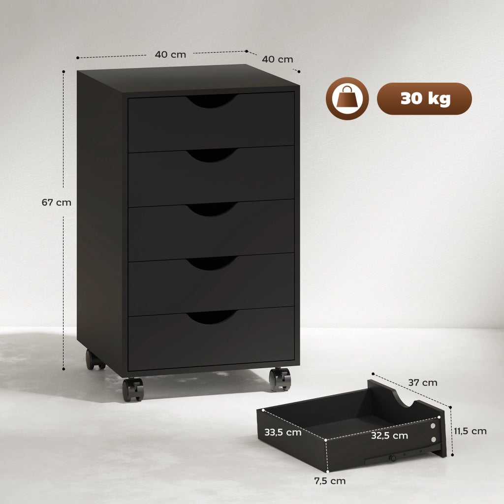Cassettiera con 5 cassetti e ruote ¨C Zephmum ¨C Nero 40x40x67 cm
