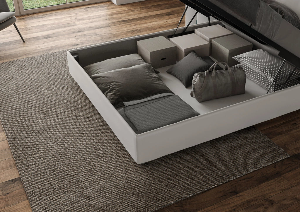 BS COM Letto queen size contenitore imbottito 150x200 similpelle bianco