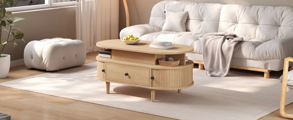 Tavolino da salotto ovale con piano sollevabile 105x50 cm; cassetto e ante scorrevoli naturale HOMVRA