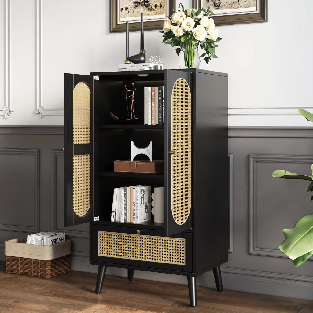 Credenza con 2 ante; 1 cassetto e 2 ripiani in pannello di particelle nera 60 × 40 × 110.5 cm