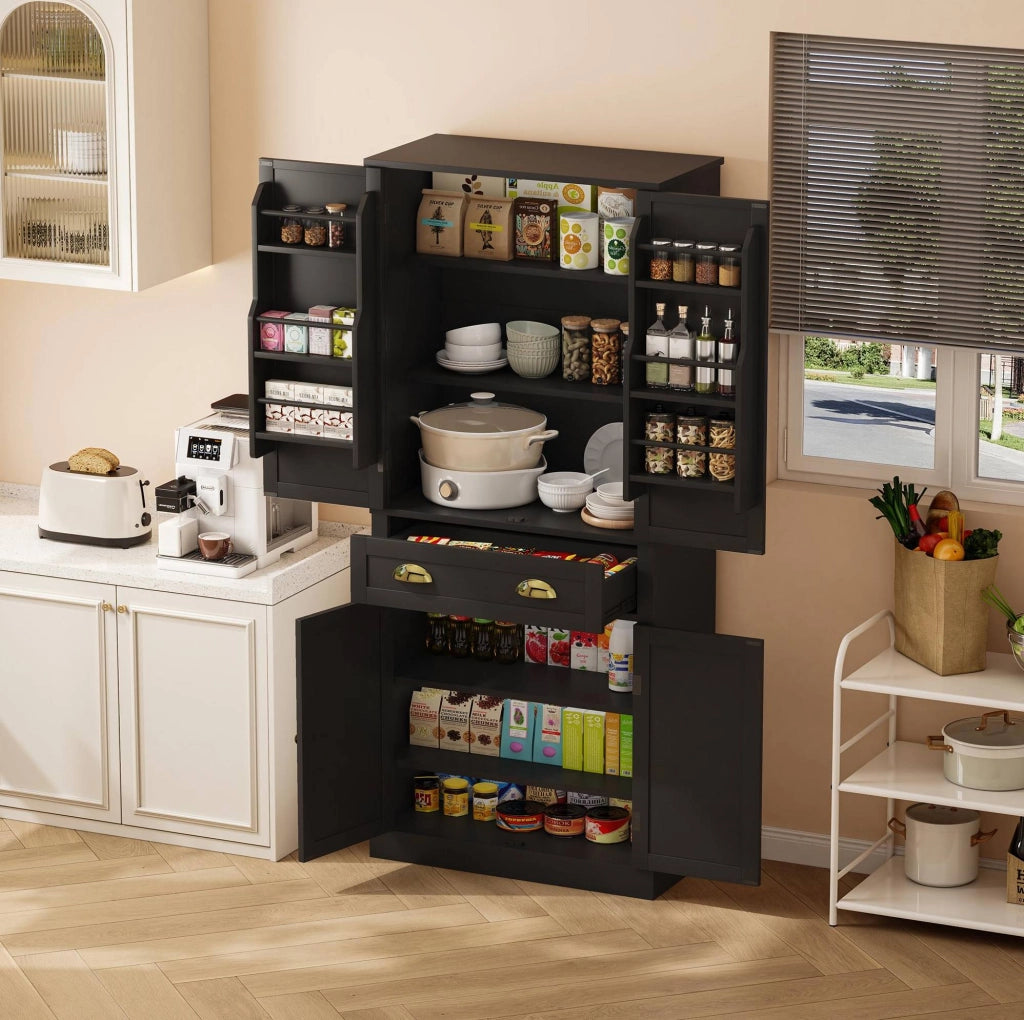 Armadio contenitore nero 182 cm con 4 ante, 1 cassetto e ripiani regolabili per cucina e soggiorno