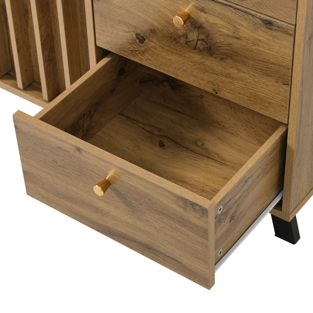 Credenza con 3 cassetti e 2 ante effetto rovere scuro, ripiano regolabile e vano a giorno