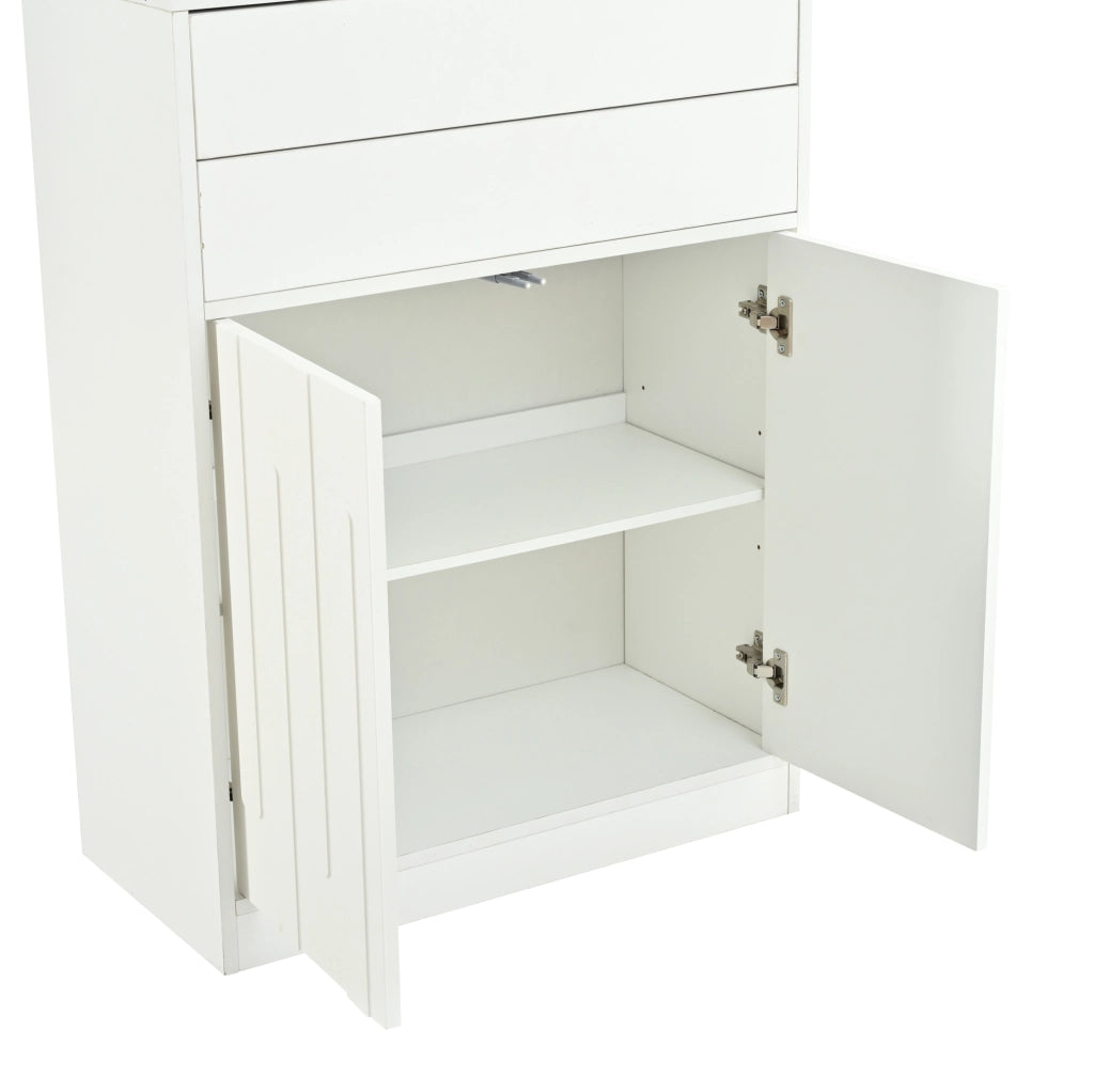 Vetrina alta 70×34×180 cm bianca con LED, 2 cassetti e ante in vetro temperato per soggiorno e cucina