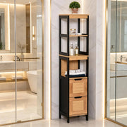 Colonna alta da bagno in bambù naturale e MDF con 3 ripiani e 2 cassetti, salvaspazio