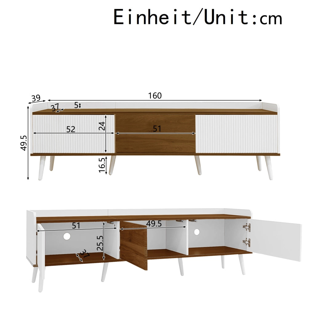 Mobile TV a 3 ante con struttura compatta, finitura bianco e legno naturale, 160 x 39 x 49,5 cm