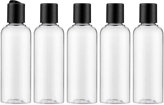 Set di 5 flaconi trasparenti da 100 ml con chiusura a coperchio.