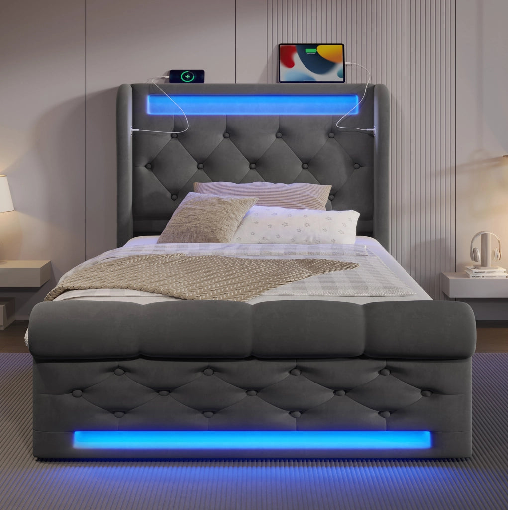 Letto 90x200 cm con contenitore idraulico, LED, USB e USB-C in velluto grigio