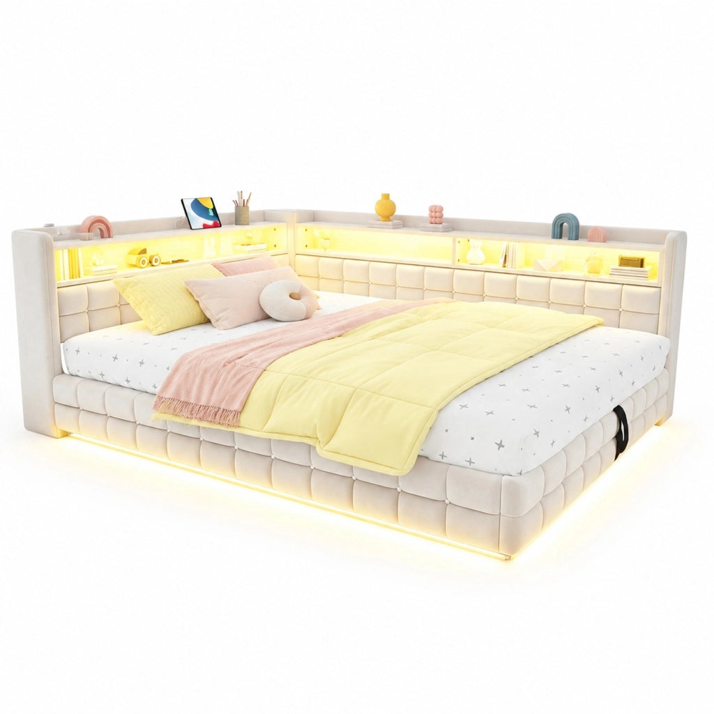 Letto imbottito multifunzione 140 × 200 cm in velluto beige con contenitore idraulico LED e prese di ricarica