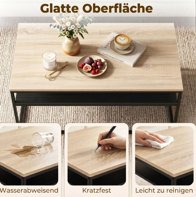 Tavolino da caffè in stile industriale moderno con ripiano, 100 x 59 x 47 cm, struttura nera e piano in effetto quercia