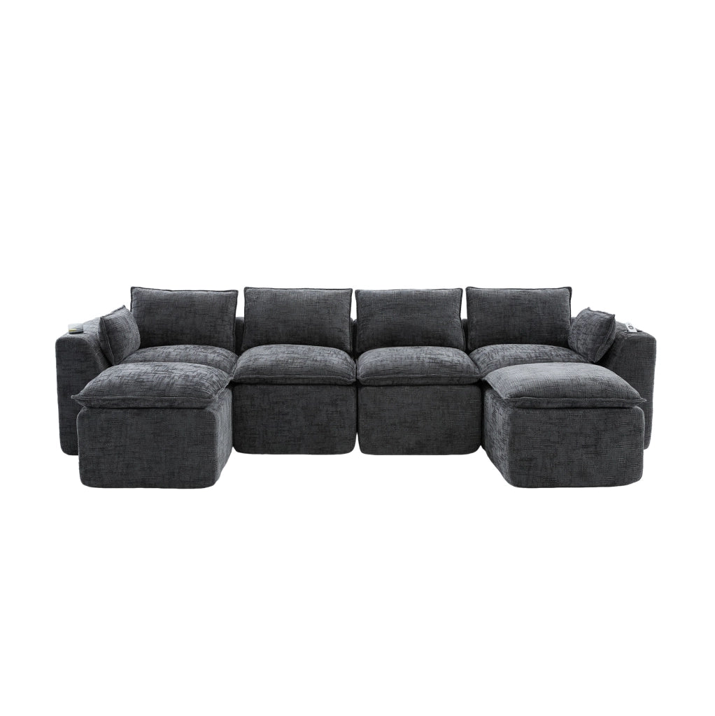 Divano modulare ULEVR 322x161x75 cm in ciniglia grigio scuro con cuscini e tasche laterali