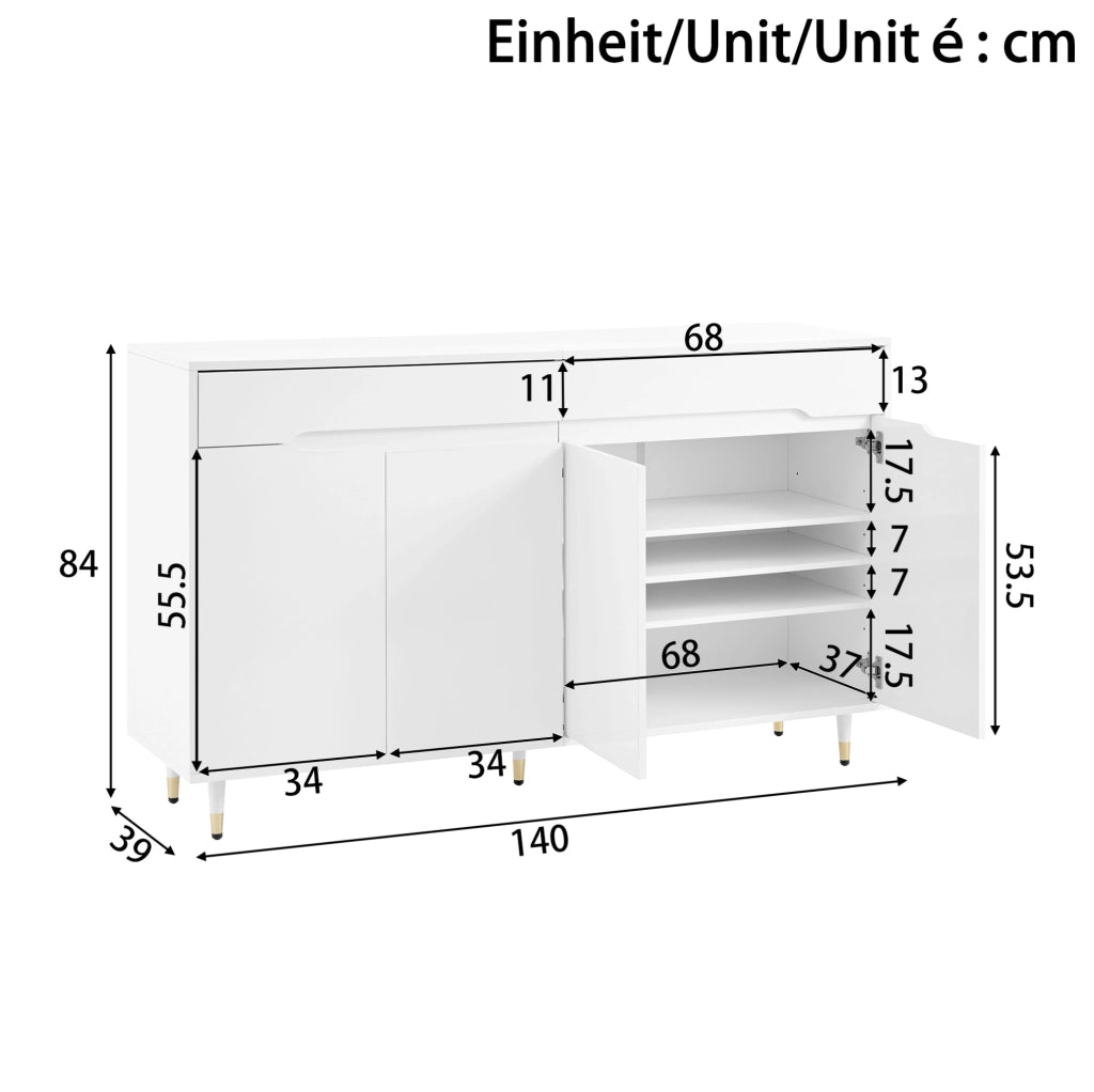Scarpiera 140x39x84 cm in truciolare bianco e oro con 2 cassetti e ripiani regolabili