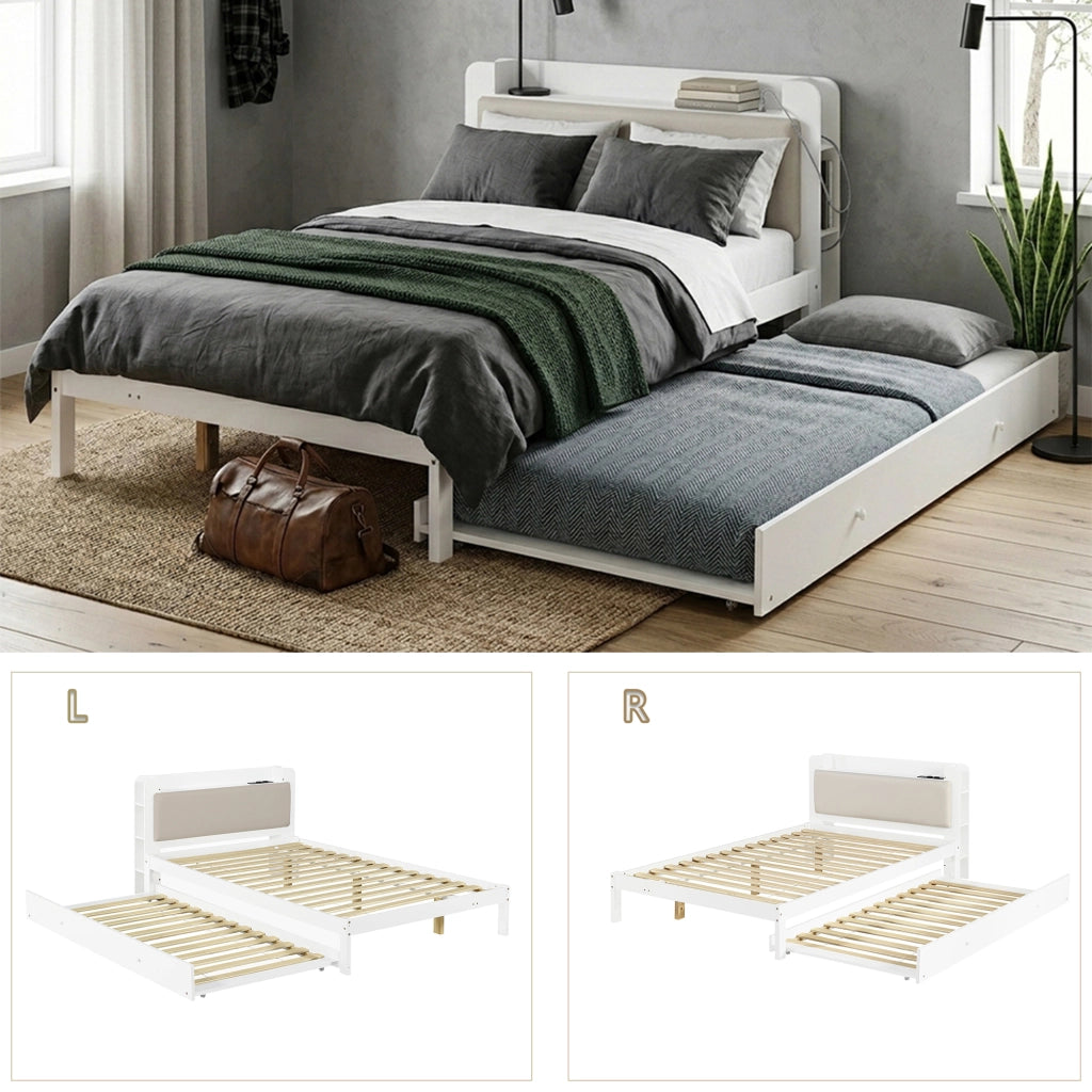 Divano letto 120 x 200 cm con LED e contenitori, letto estraibile in legno bianco con funzione estensibile, testiera e struttura salvaspazio