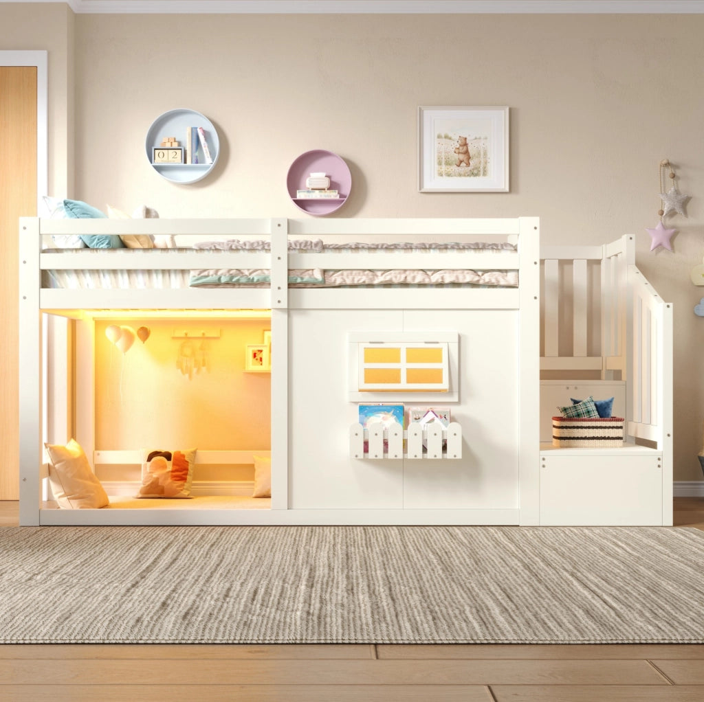 Letto a soppalco ULEVR 90x200 cm con scala contenitore, finestra e luce LED, pino e MDF bianco