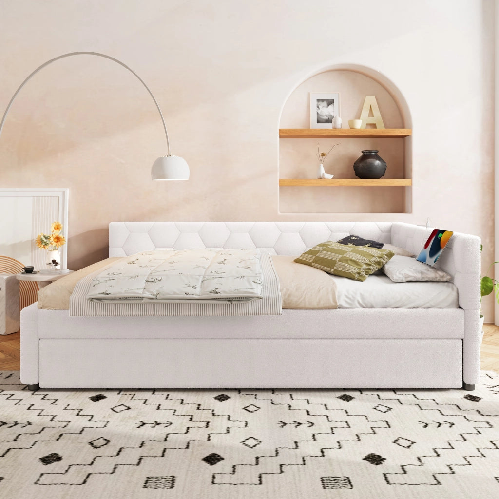 Letto rosa 140x200 cm con rete a doghe e letto estraibile; lampada; USB e Type C; velluto e MDF