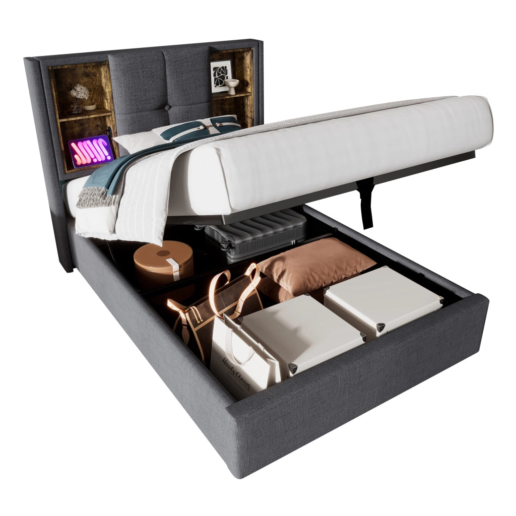 Letto singolo imbottito 90 × 200 cm con materasso e contenitore cotone grigio ricarica wireless USB e Type-C