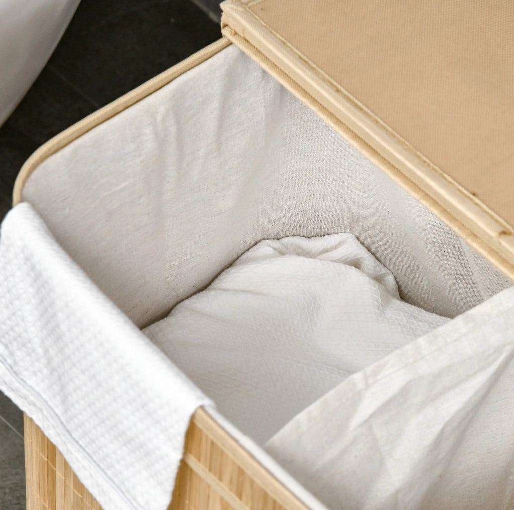 Cesto porta biancheria in bambù con coperchio, 90 litri, 2 scomparti e sacco interno rimovibile - 54,2 x 35,2 x 59,5 cm