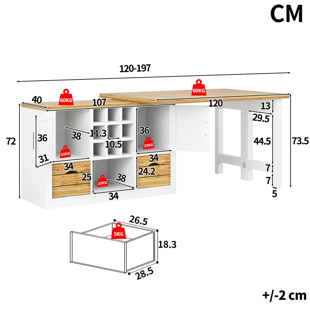 Tavolo da pranzo estensibile 120-197x40 cm con sideboard girevole in MDF bianco