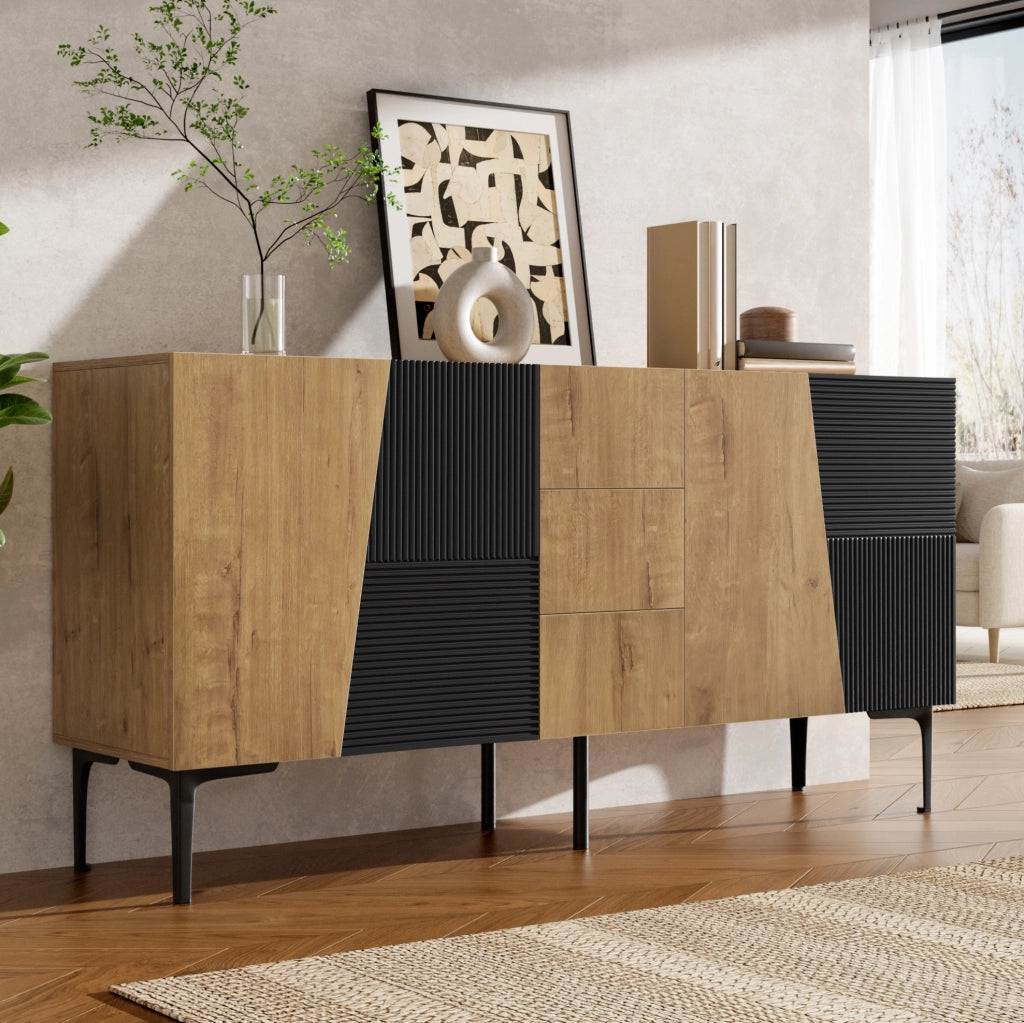 CREDENZA 4 ante e 3 cassetti 160x40x80 cm effetto legno naturale e nero