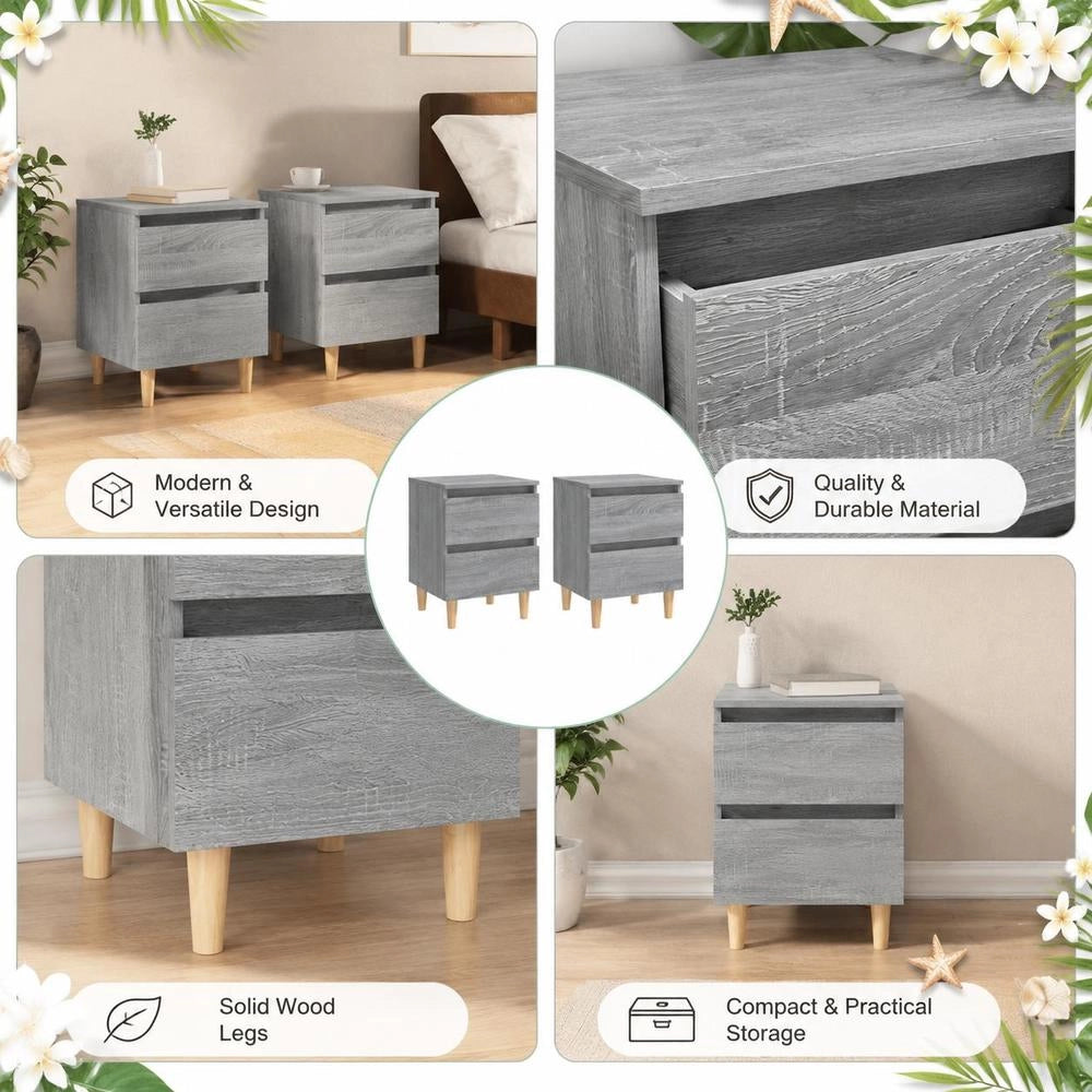 Bedside Table With Solid Wood Legs (2 Pieces), Sonoma Gray, 40x35x50cm