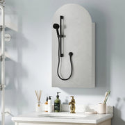 Mobiletto bagno specchiera con specchio ad arco senza cornice, ripiani in vetro regolabili, bianco, 40x12x80 cm