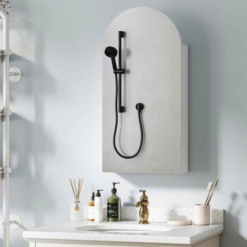 Mobiletto bagno specchiera con specchio ad arco senza cornice, ripiani in vetro regolabili, bianco, 40x12x80 cm