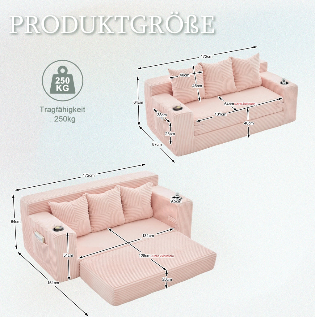 DIVANO Modulare da Pavimento 2 Posti 172x87x64 cm Velluto a Coste Rosa