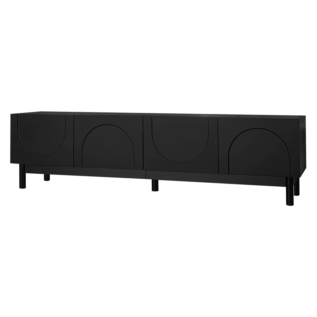 Mobile porta televisore nero a quattro ante con ripiani e gambe stabilizzanti, 169 x 34 x 45,5 cm