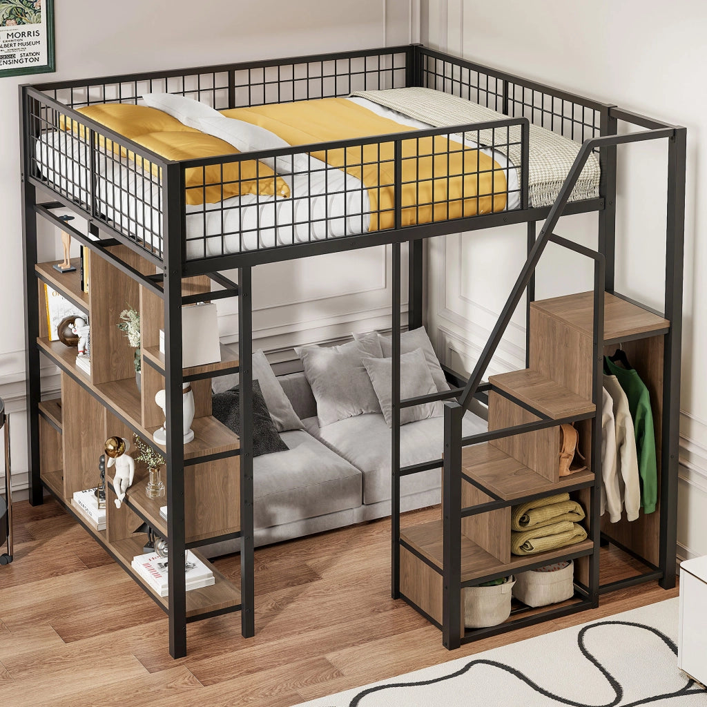 Letto a soppalco 140x200 cm con scala contenitore, in metallo, compensato e MDF nero