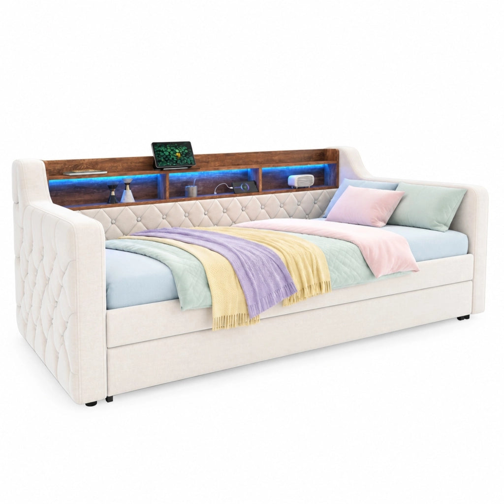 Divano letto estraibile 90x190 cm in velluto beige con LED, USB-C e contenitore