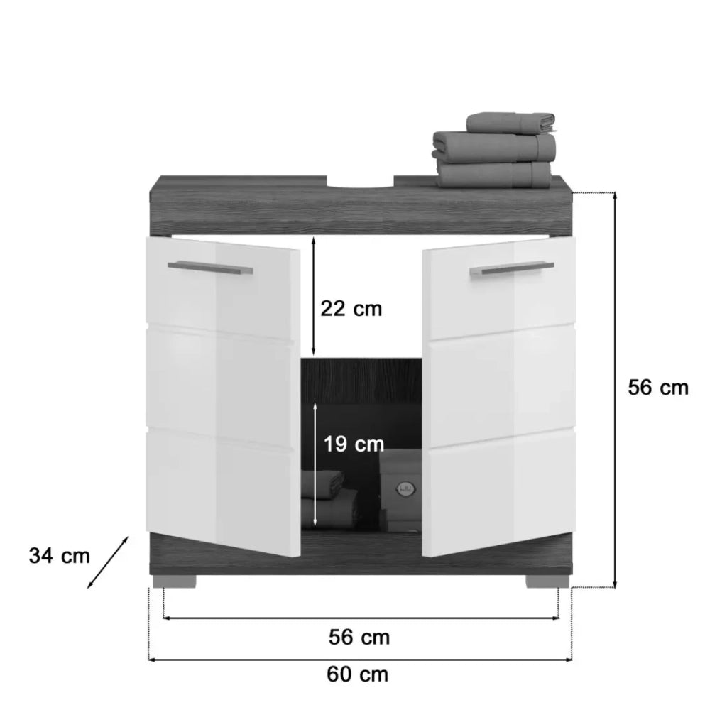Set bagno SCOTT – Mobile sotto lavabo e mobiletto di storage con specchio – Grigio scuro e bianco