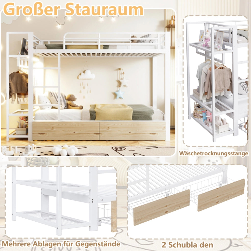 Letto a castello in ferro 90x200 cm con 2 cassetti, ripiani, luci LED e appendiabiti, bianco