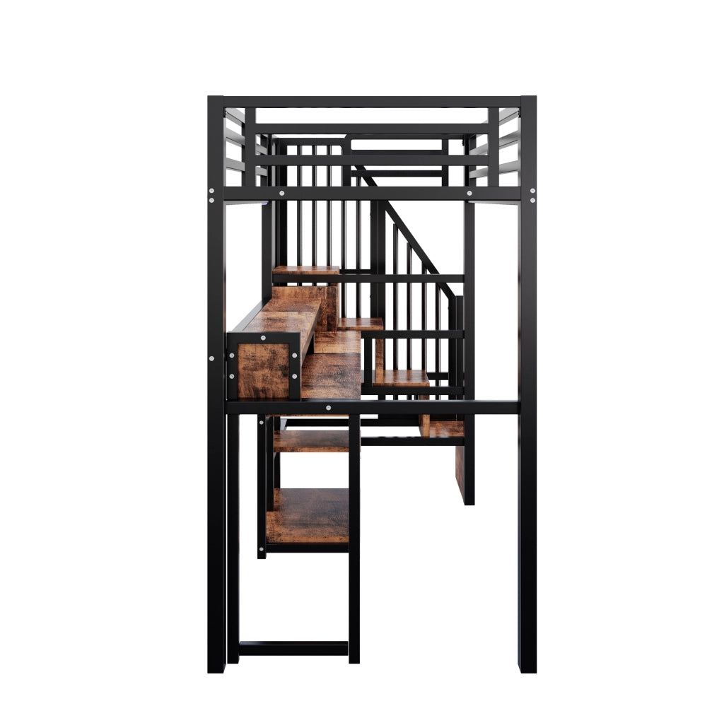 Letto a soppalco 90 x 200 cm nero con armadio scala, LED, USB e Type-C