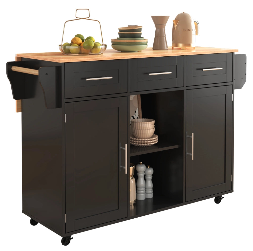 Carrello da cucina 139 x 46 x 91,5 cm nero effetto legno, piano ribaltabile, ruote