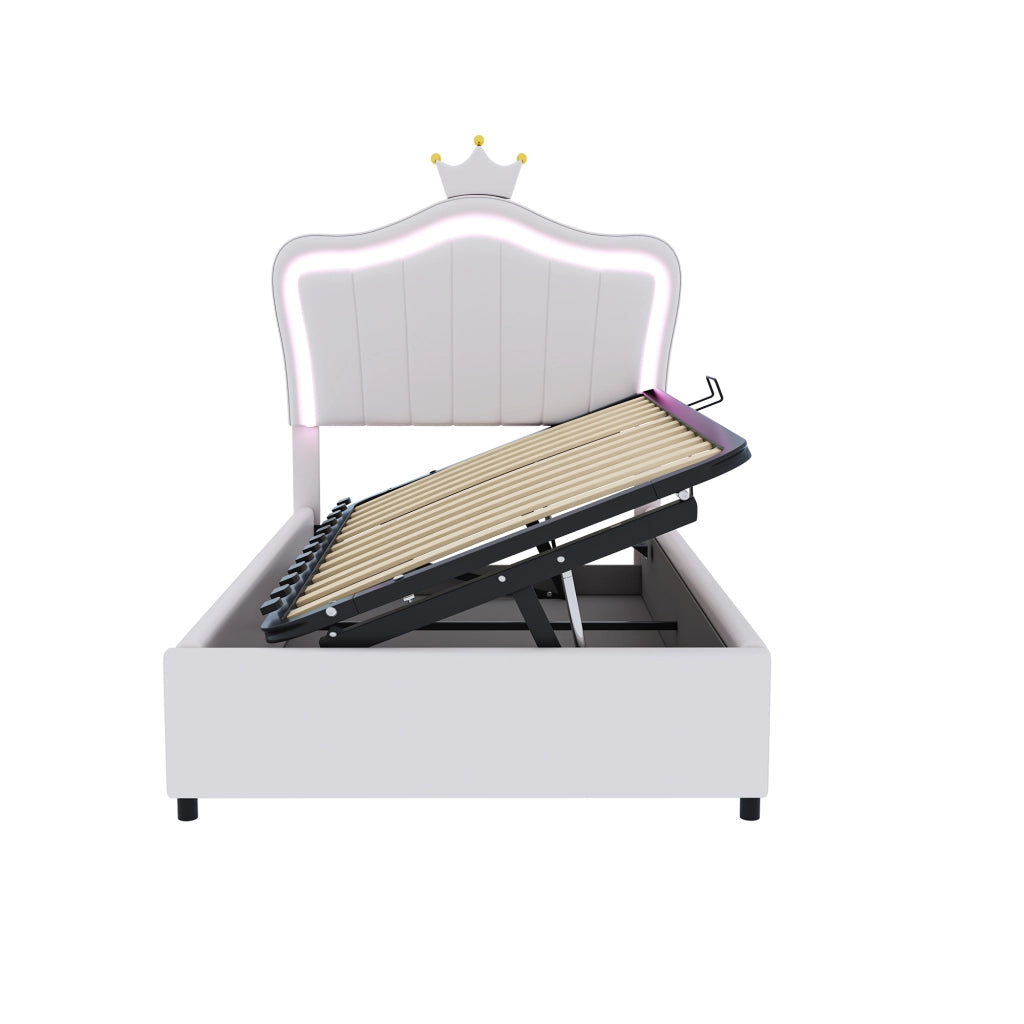 Letto contenitore 90 × 200 cm con LED testiera regolabile in similpelle bianca e rosa