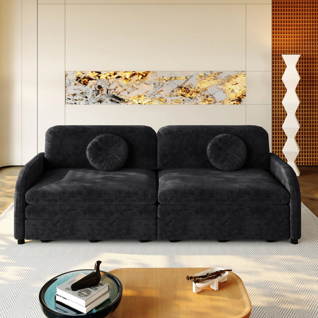Divano Letto Estraibile King-Size 206 cm 3 Posti in Chenille Nero con Cuscini e Scomparti Laterali