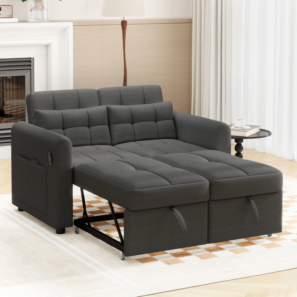 Divano letto 3 in 1 a 2 posti 142 cm con schienale reclinabile e porte USB integrate; tessuto effetto lino; grigio