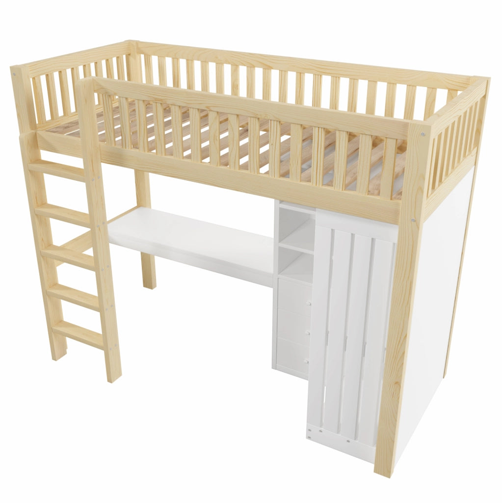 Letto a soppalco in legno di pino 90x200 cm con scrivania, armadio, 3 cassetti, scala e sponde, colore naturale