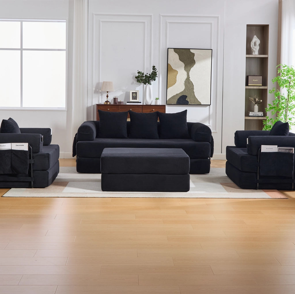 Divano modulare in corduroy con pouf; nero